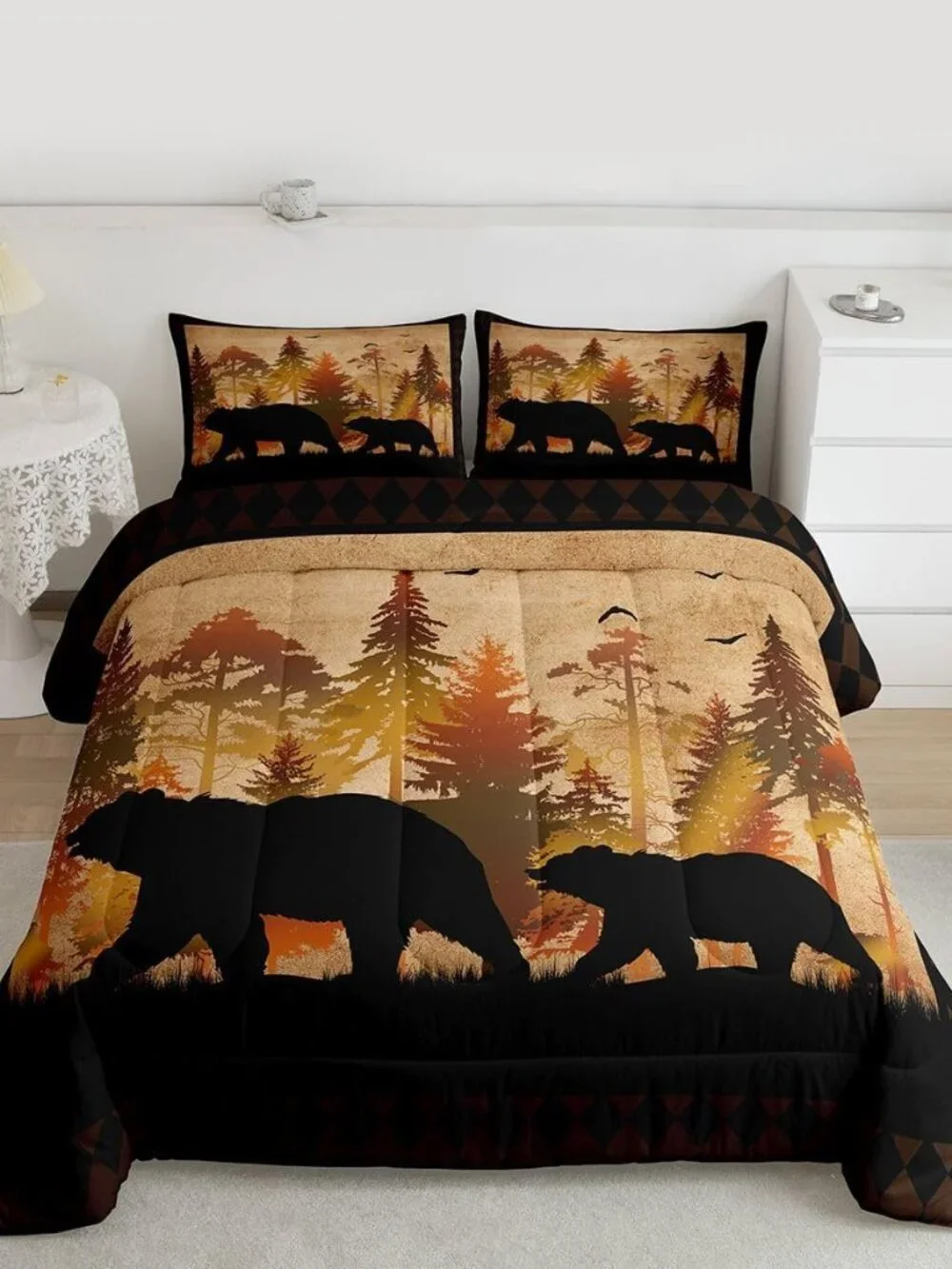 Queen Size Bear Comforter Set, Boys Cabin Lodge Decor Bedding Set Rustic Farmhou